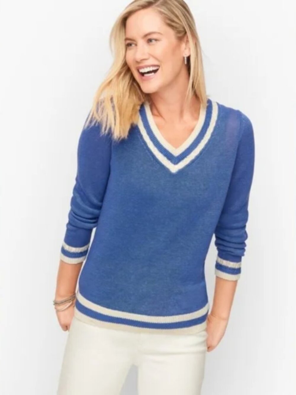 Talbots 100% Linen Sweater Blue V-Neck Preppy Tennis Sweater Size XLP
